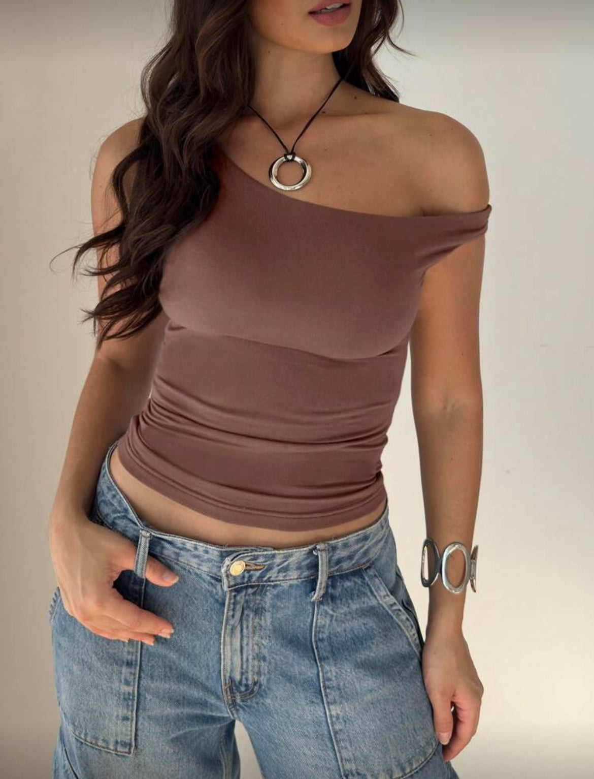 Ivy Off Shoulder Top Coffee Brown
