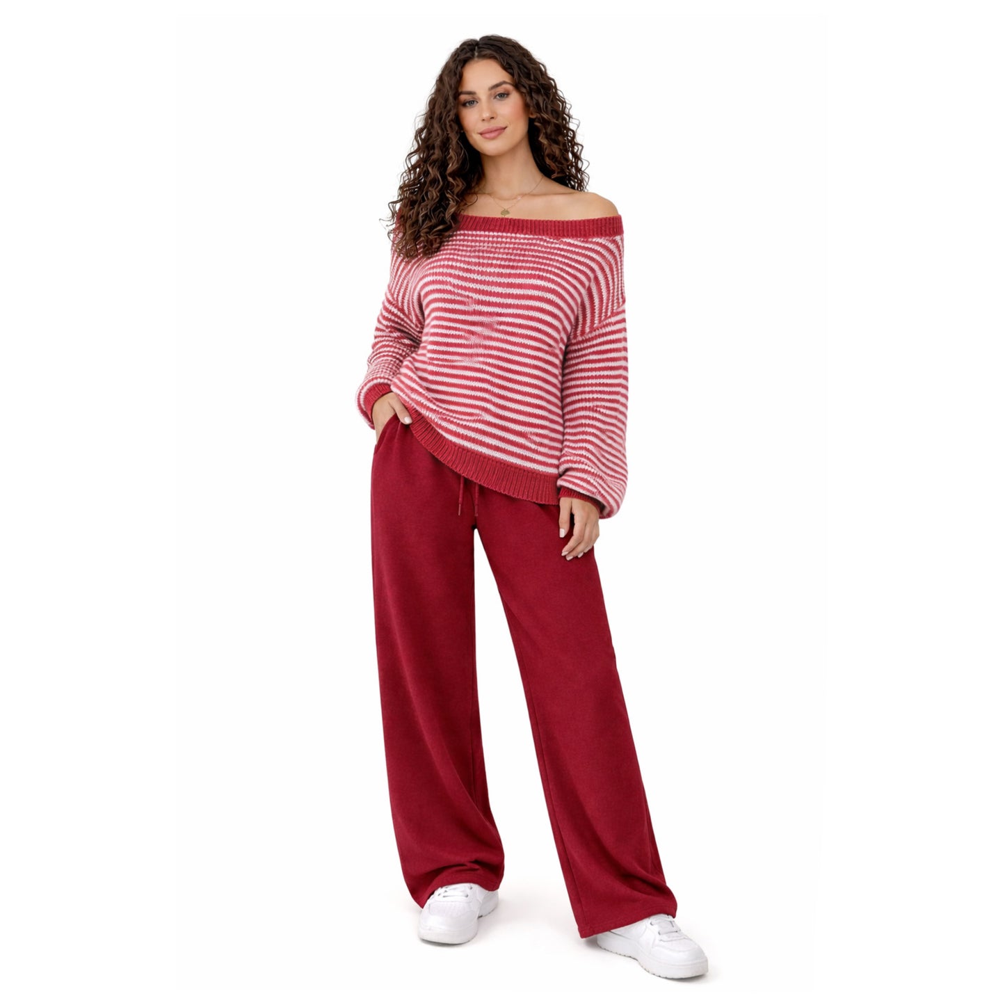 Rue Striped Knit Sweater Cherry Red